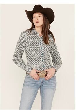 Wrangler womens Country Western blue geo print pearlized button down shirt